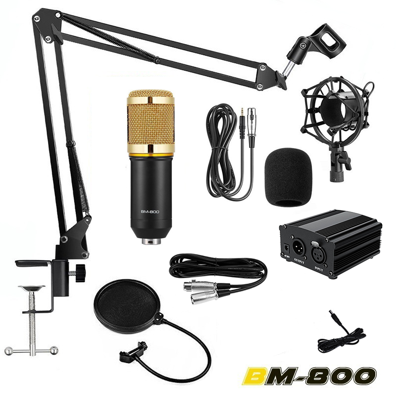 Picture of BM800 Condenser Microphone Full Studio Package Microphone BM 800 Set Record Studio Equipment Mic Kit with Adjustable Arm Stand Pop Filter Foam Cap kit (BM800, Phantom)
