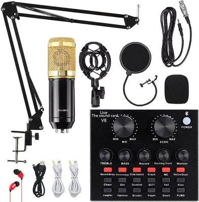 Picture of BM800 Condenser Microphone Full Studio Package Microphone BM 800 Set Record Studio Equipment Mic Kit with Adjustable Arm Stand Pop Filter Foam Cap kit (BM800, V8)