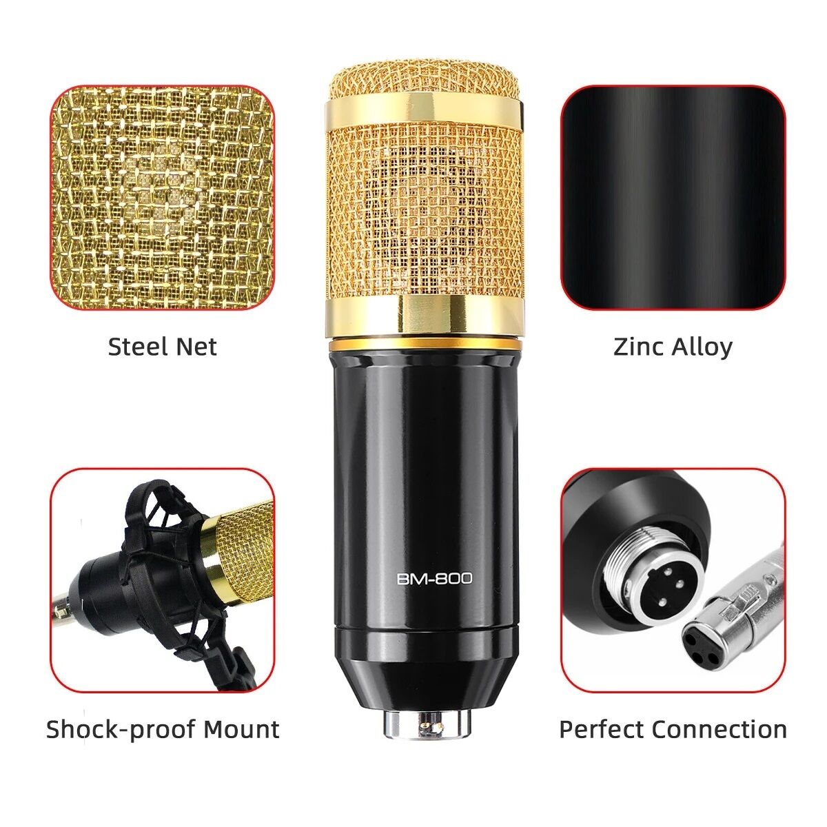 Picture of BM 800 Microphone Condenser Sound Record Microphone With V8 Sound Card For Radio Broadcasting Singing Record KTV Karaoke Microphone (Gold)