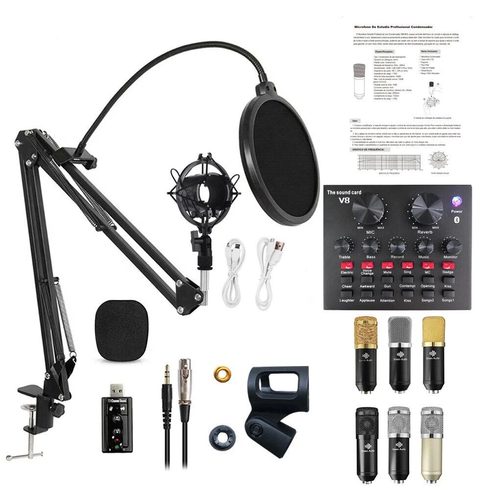 Picture of BM 800 Microphone Condenser Sound Record Microphone With V8 Sound Card For Radio Broadcasting Singing Record KTV Karaoke Microphone (Gold)