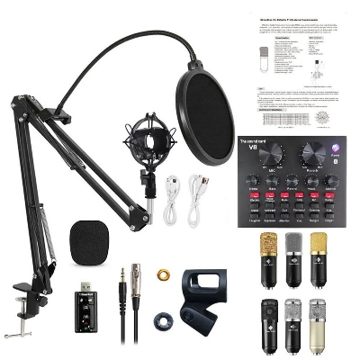 Picture of BM 800 Microphone Condenser Sound Record Microphone With V8 Sound Card For Radio Broadcasting Singing Record KTV Karaoke Microphone (Gold)