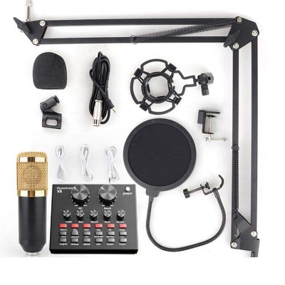 Picture of BM 800 Condenser Microphone V8 Sound Card Kit Muti-functional bluetooth Sound Card for Studio Mobile Phone PC Laptop Record Live Broadcast - Gold (Gold)