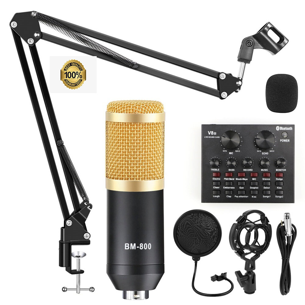 Picture of BM 800 Condenser Microphone V8 Sound Card Kit Muti-functional bluetooth Sound Card for Studio Mobile Phone PC Laptop Record Live Broadcast - Gold (Gold)