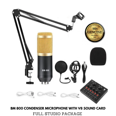 Picture of BM 800 9 in 1 Condenser Microphone Kit &  V8 Live Sound Card Microphone Stand Shock Mount Professional Mic Set for Broadcast Singing K Songs - Gold (Gold)