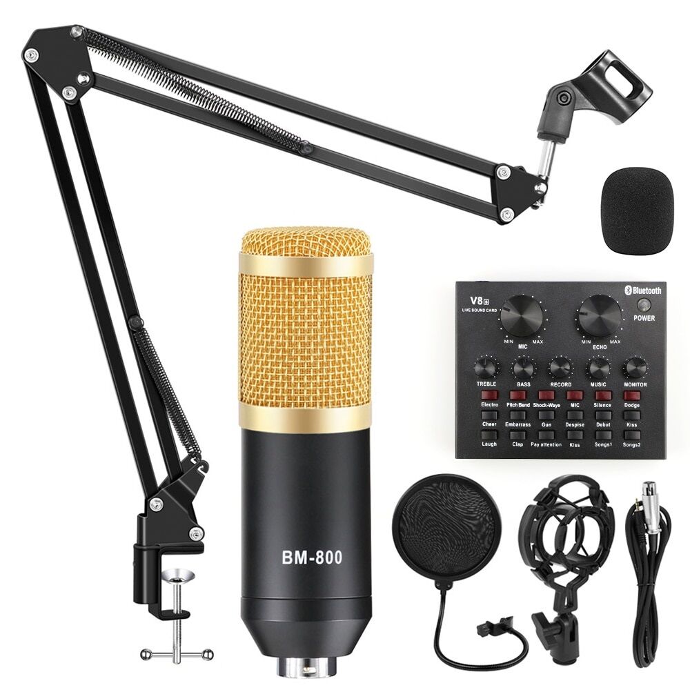 Picture of BM 800 9 in 1 Condenser Microphone Kit &  V8 Live Sound Card Microphone Stand Shock Mount Professional Mic Set for Broadcast Singing K Songs - Gold (Gold)