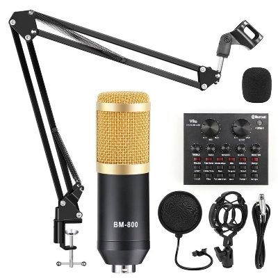 Picture of BM 800 9 in 1 Condenser Microphone Kit &  V8 Live Sound Card Microphone Stand Shock Mount Professional Mic Set for Broadcast Singing K Songs - Gold (Gold)