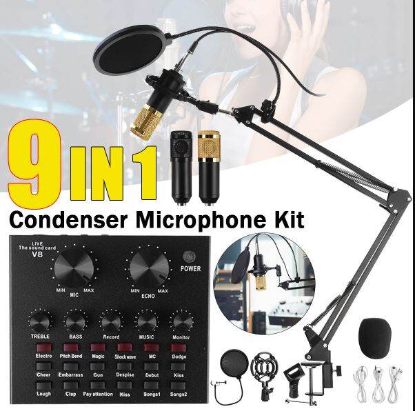 Picture of BM800 Condenser Microphone & V8 Sound Card Kit Muti-functional Bluetooth Sound Card for Studio Mobile Phone PC Laptop Record Live Broadcast Microphone BM 800 -Gold (Gold)
