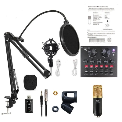 Picture of BM800 Condenser Microphone & V8 Sound Card Kit Muti-functional Bluetooth Sound Card for Studio Mobile Phone PC Laptop Record Live Broadcast Microphone BM 800 -Gold (Gold)