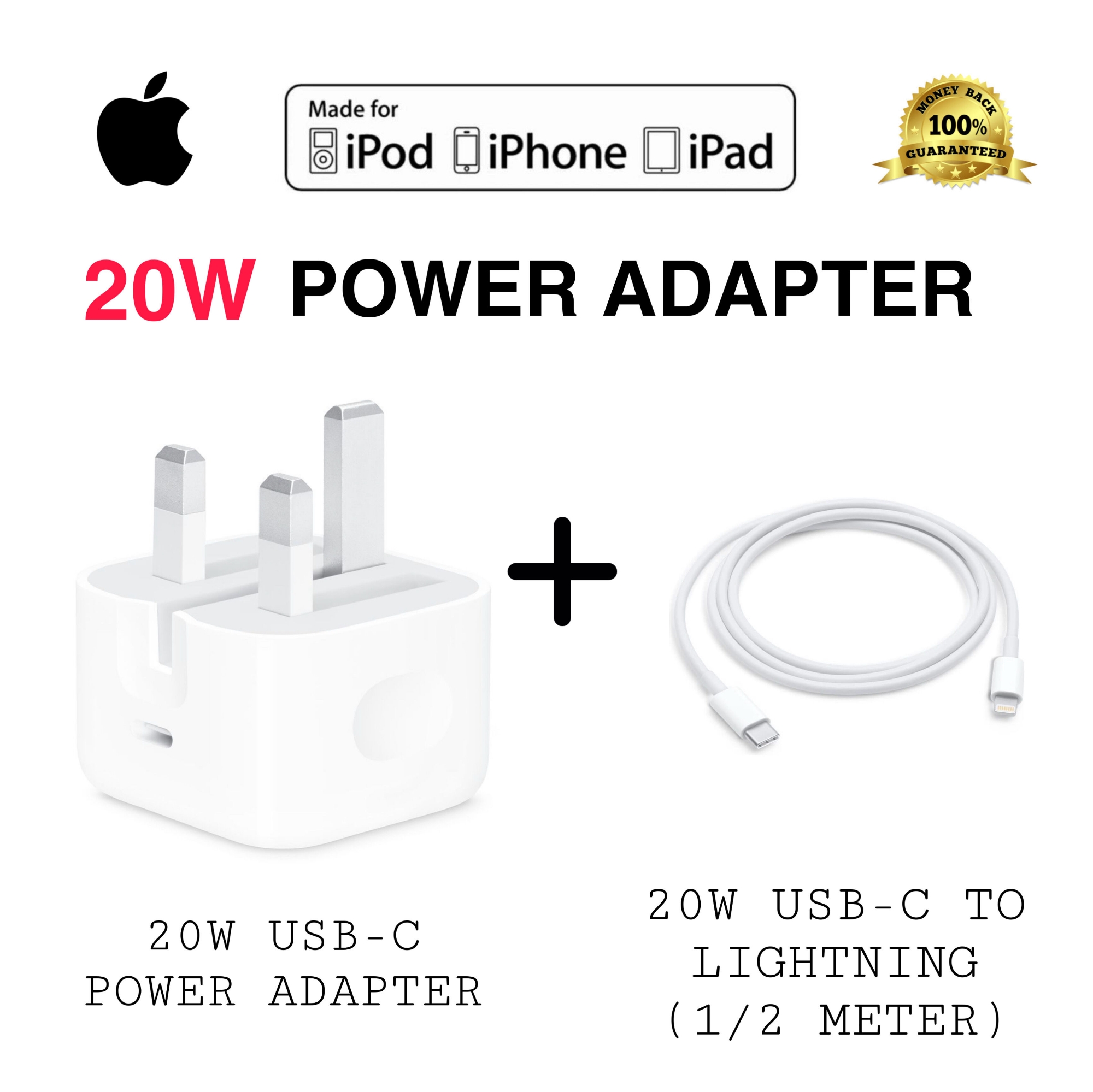 Picture of 20W PD Fast Charger and Cable For Iphone 12 pro Max 12mini Charger USB-C 3A Type C To Lightning three pin adapter (White,Apple)