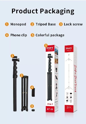 Picture of Jmary MT39 61inch Heavy Duty Aluminum Extendable Cell Phone Tripod Stand Selfie Stick Tripod with phone clip (Multicolor)