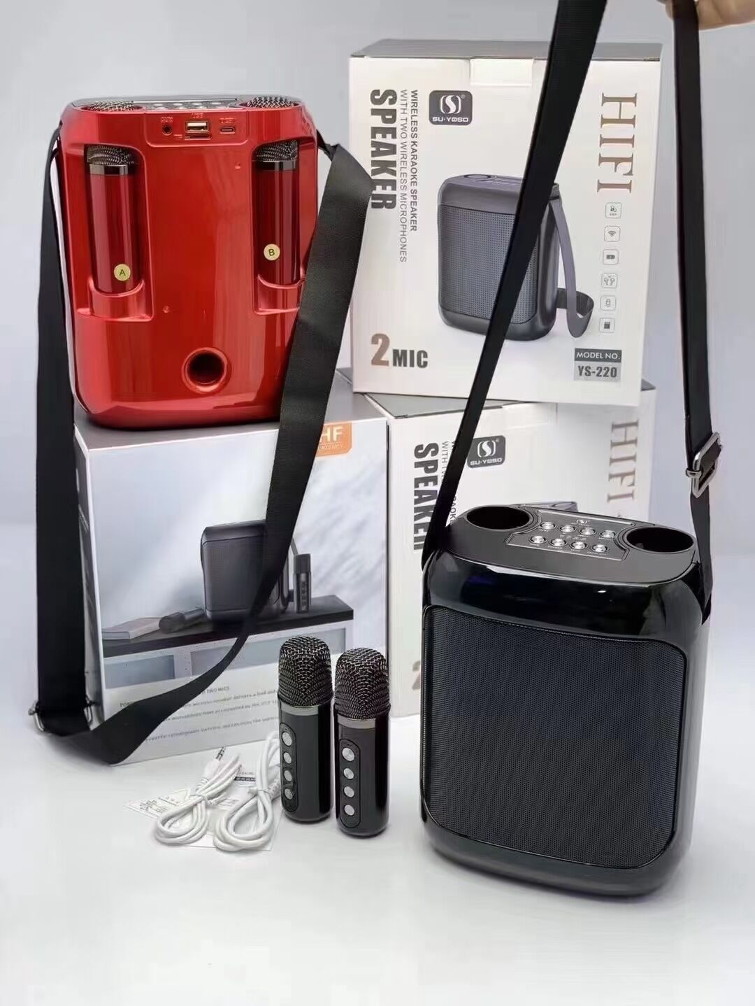 Picture of YS-220 Outdoor karaoke straps speaker with Dual UHF wireless mic speaker with  Dual microphone (Multicolor)
