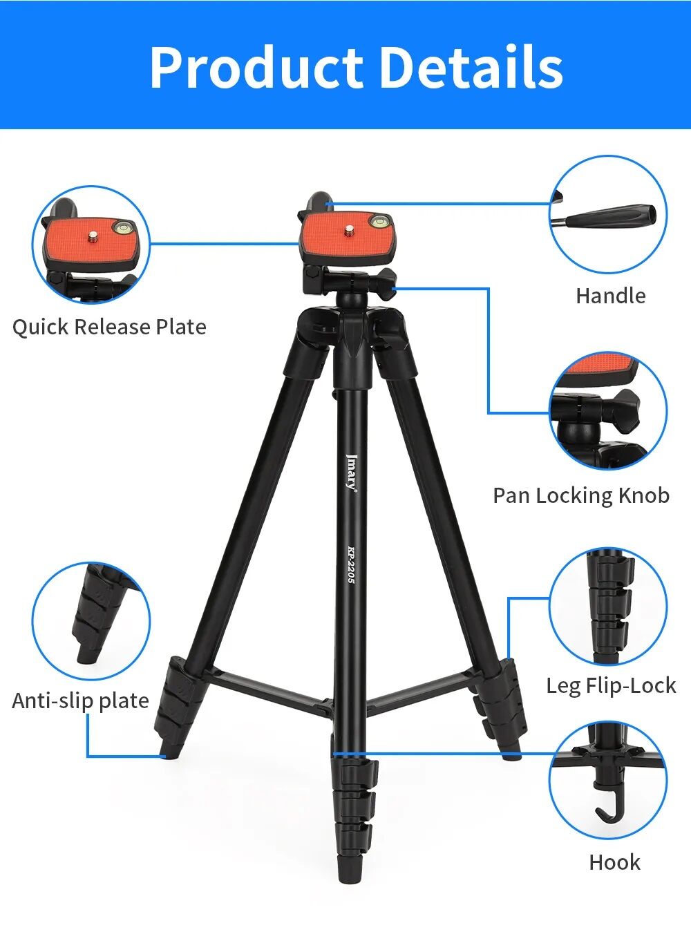 Picture of Jmary KP-2205 Professional Tripod with Mobile Holder- Black (Black)