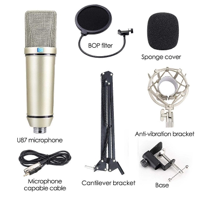 Picture of Professional Studio Record Condenser Microphone U87 With Shock Mount, Stand, holder, pop Filter,  XLR to 3.5mm Audio cable, Mic Foam For Mobile Computer laptop Gaming Podcast Silver (Silver)