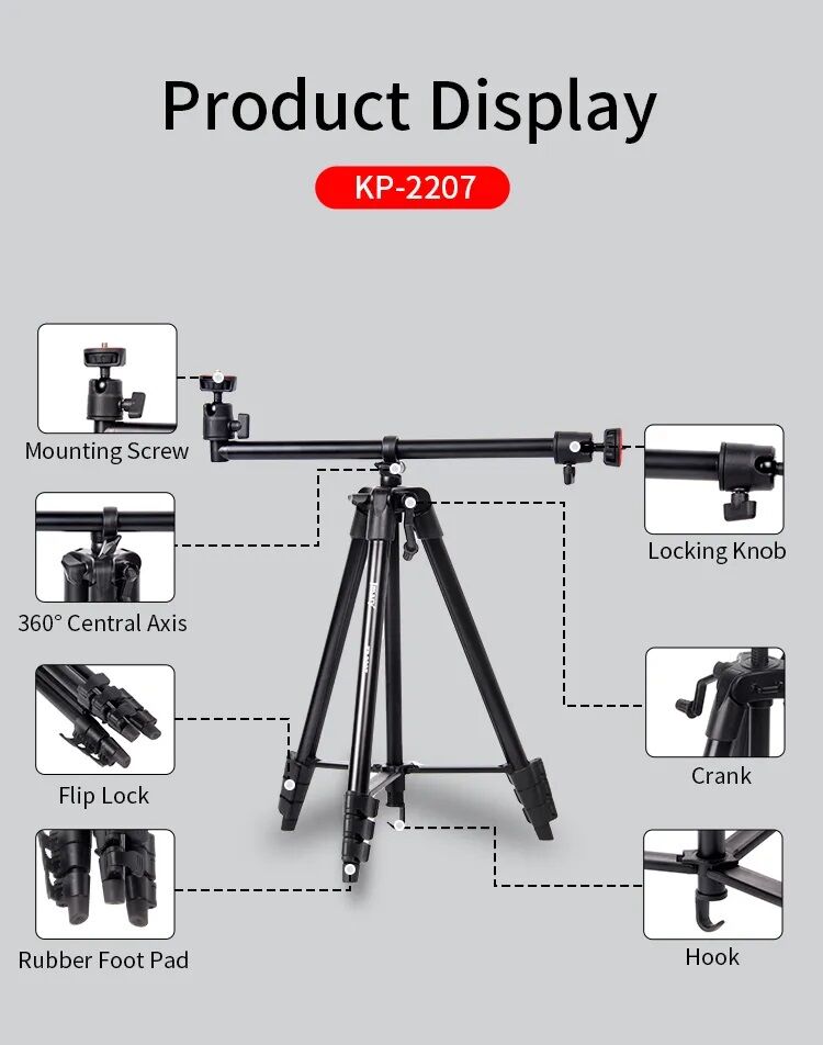 Picture of Jmary KP-2207 Professional Heavy Duty Aluminum Extendable Tripod with Mobile Holder- Black (Black)