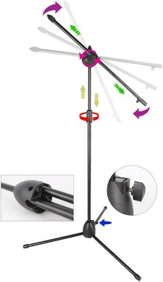 Picture of Tripod Boom Microphone Stand Floor Stand Telescopic Mic Arm Stand with Dual Mic Clip Holder for Radio Studio Stage performance (Black)