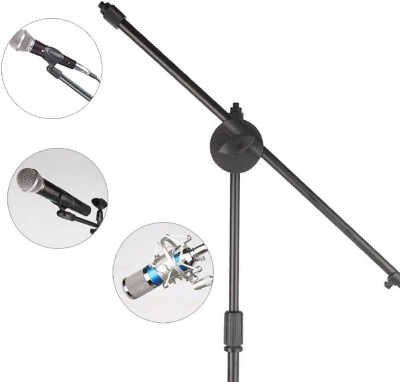 Picture of Tripod Boom Microphone Stand Floor Stand Telescopic Mic Arm Stand with Dual Mic Clip Holder for Radio Studio Stage performance (Black)