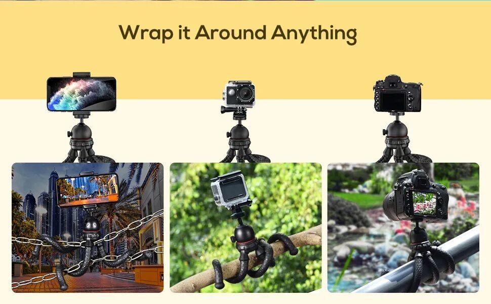 Picture of JMARY MT-25 - Table Top Mini Portable Flexible Tripod Stand for Mobile Phones and DSLR & Digital Cameras - Coming with Universal Mobile Phone Holder (MT-25-BLK) (Black)
