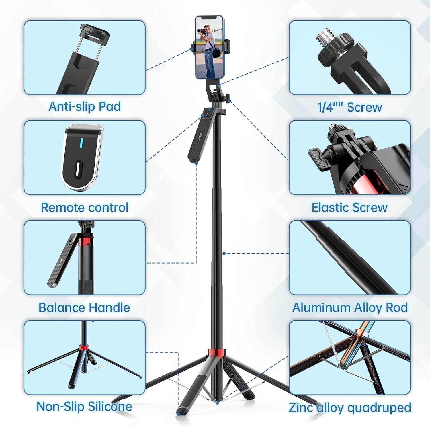 Picture of Ulanzi MA09 Selfie Stick Tripod, 71" Extendable Phone Tripod with Romote, Portable Cellphone Stand Tripod Quadrapod & iPhone Tripod, 3-in-1 Upgraded Travel Tripod for iPhone/Samsung/Camera/GoPro (Black)