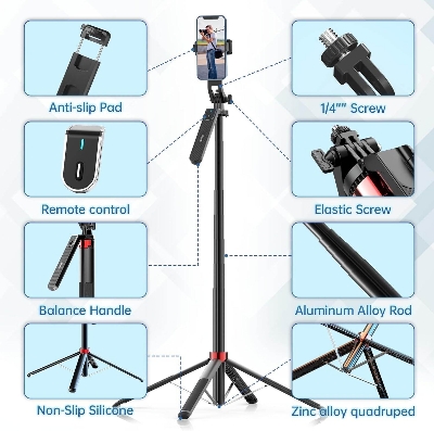 Picture of Ulanzi MA09 Selfie Stick Tripod, 71" Extendable Phone Tripod with Romote, Portable Cellphone Stand Tripod Quadrapod & iPhone Tripod, 3-in-1 Upgraded Travel Tripod for iPhone/Samsung/Camera/GoPro (Black)