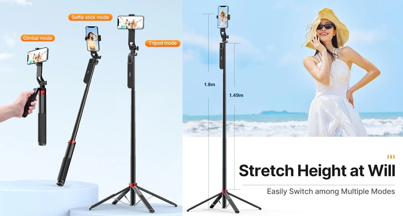 Picture of Ulanzi MA09 Selfie Stick Tripod, 71" Extendable Phone Tripod with Romote, Portable Cellphone Stand Tripod Quadrapod & iPhone Tripod, 3-in-1 Upgraded Travel Tripod for iPhone/Samsung/Camera/GoPro (Black)