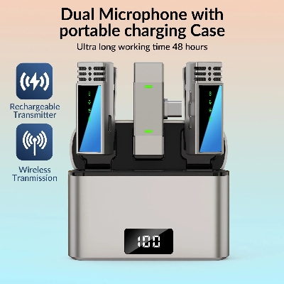 Picture of Jmary MW-15 2.4GHz Dual Wireless Microphone For Mobile Available in USB-C With Charging Case (Silver)