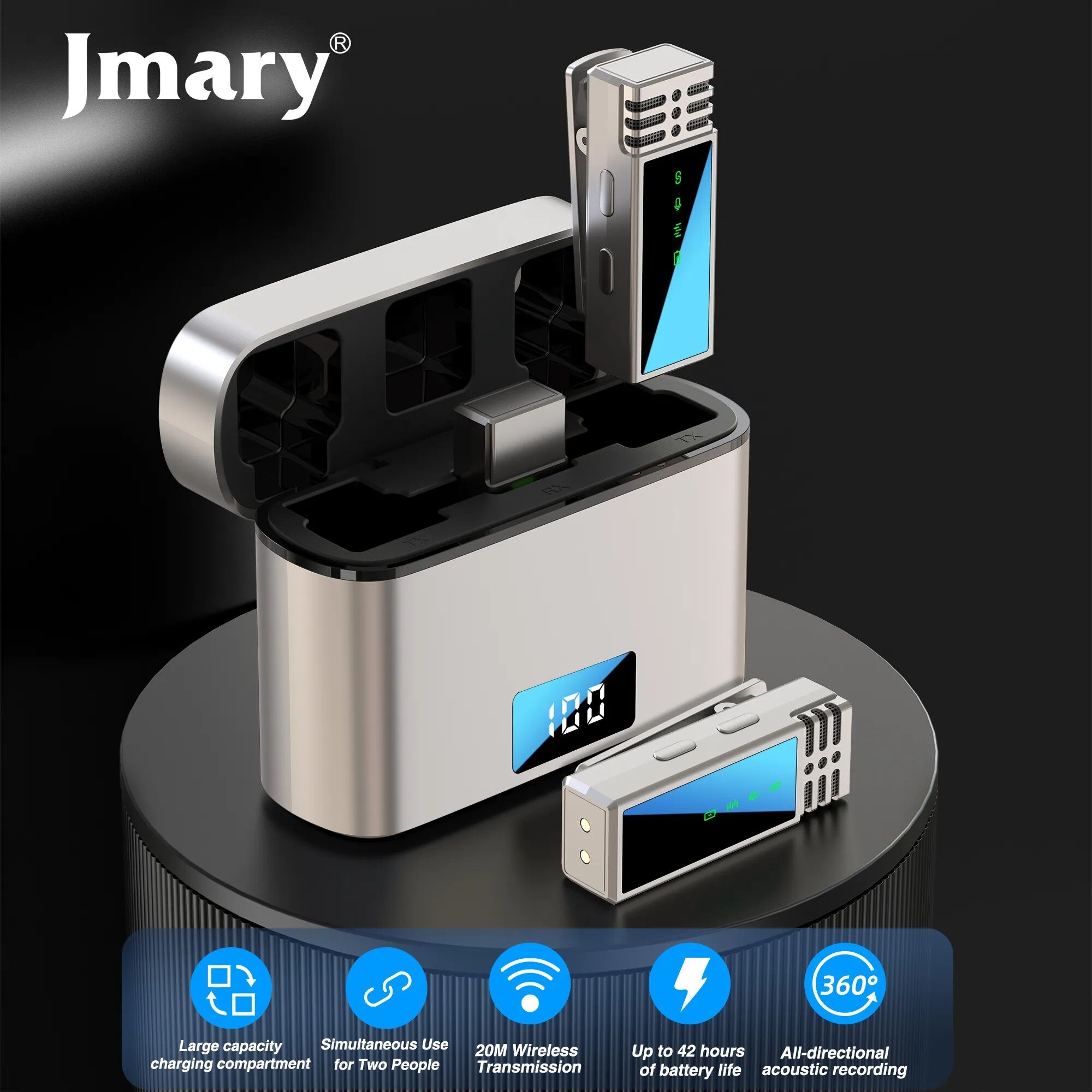 Picture of Jmary MW-15 2.4GHz Dual Wireless Microphone For Mobile Available in USB-C With Charging Case (Silver)