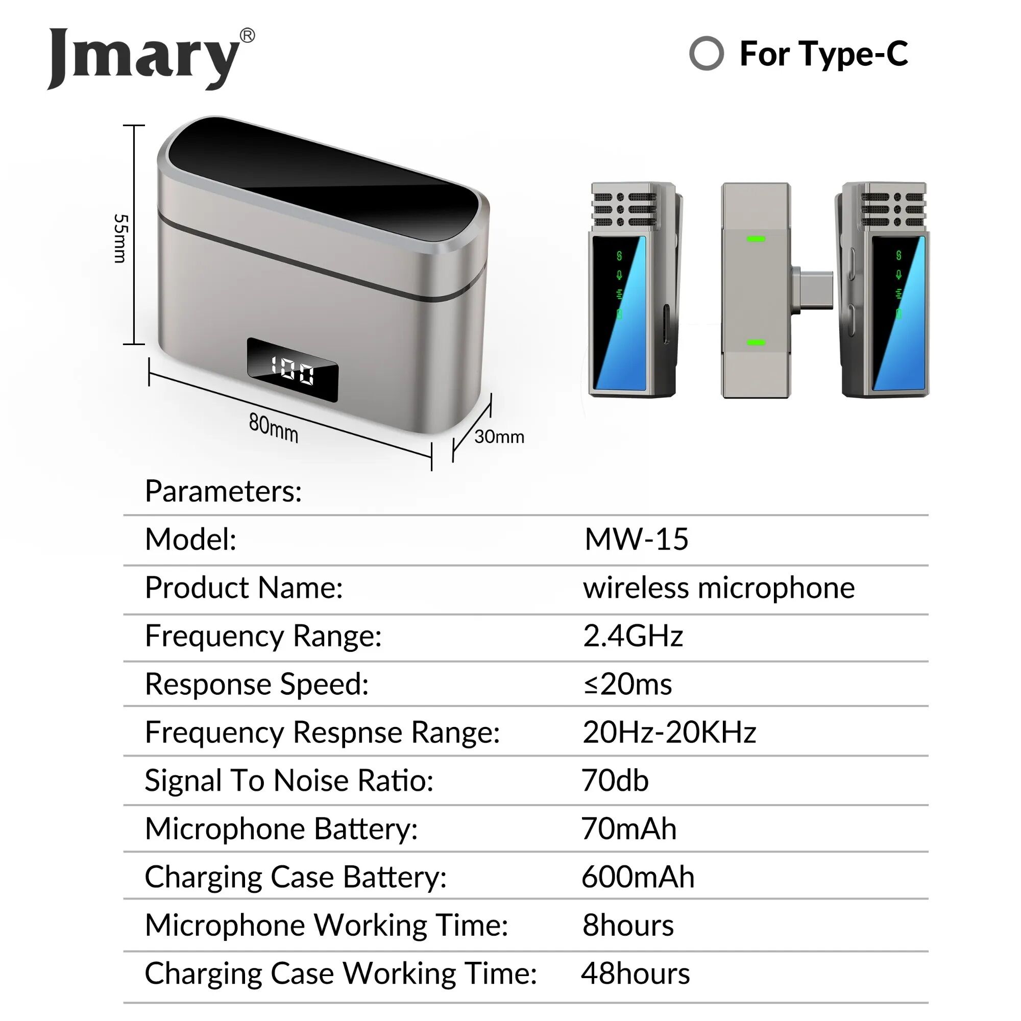 Picture of Jmary MW-15 2.4GHz Dual Wireless Microphone For Mobile Available in USB-C With Charging Case (Silver)