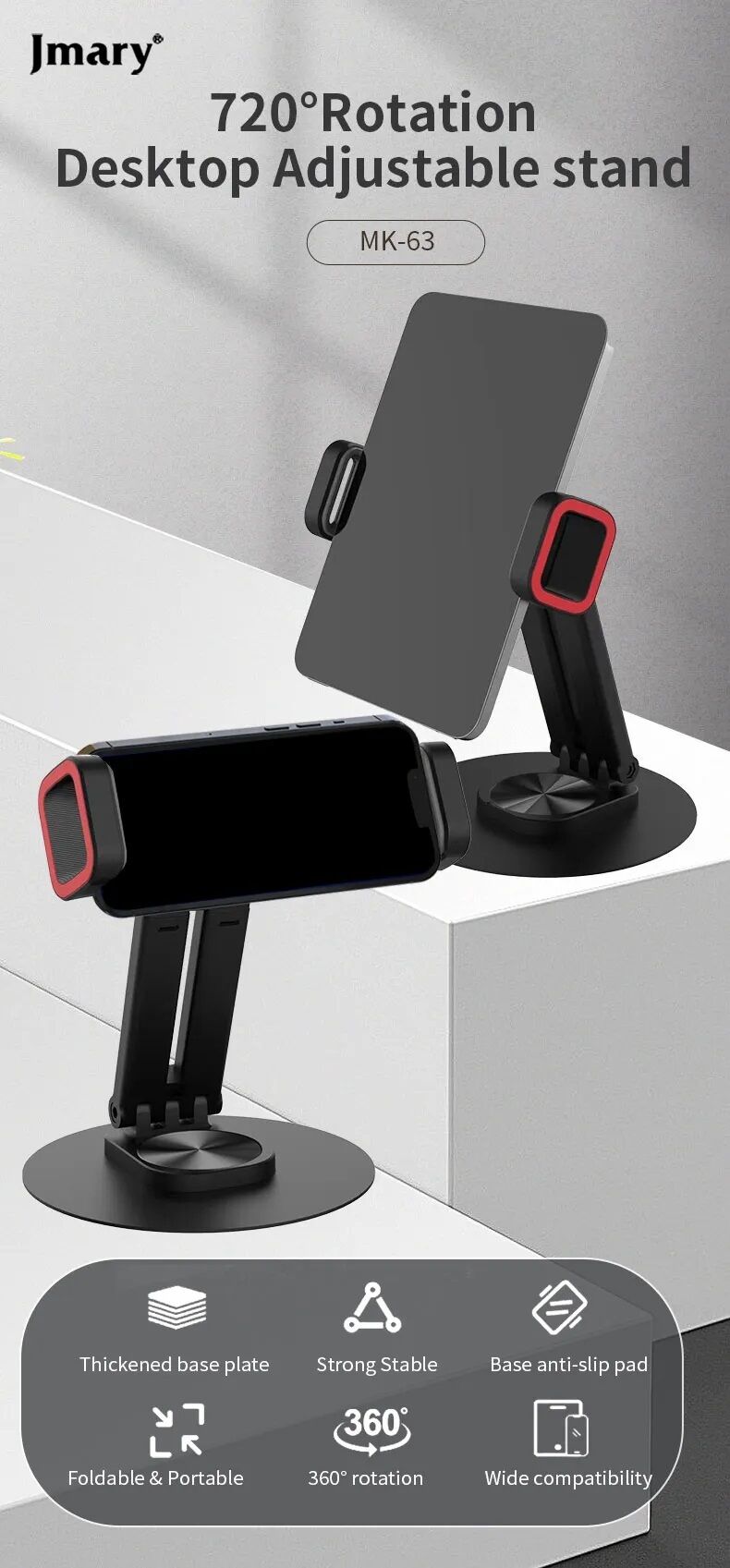 Picture of JMARY MK-63 360 Degree Rotating Foldable Desktop Stand Holder for Phone/Tablet (Black)