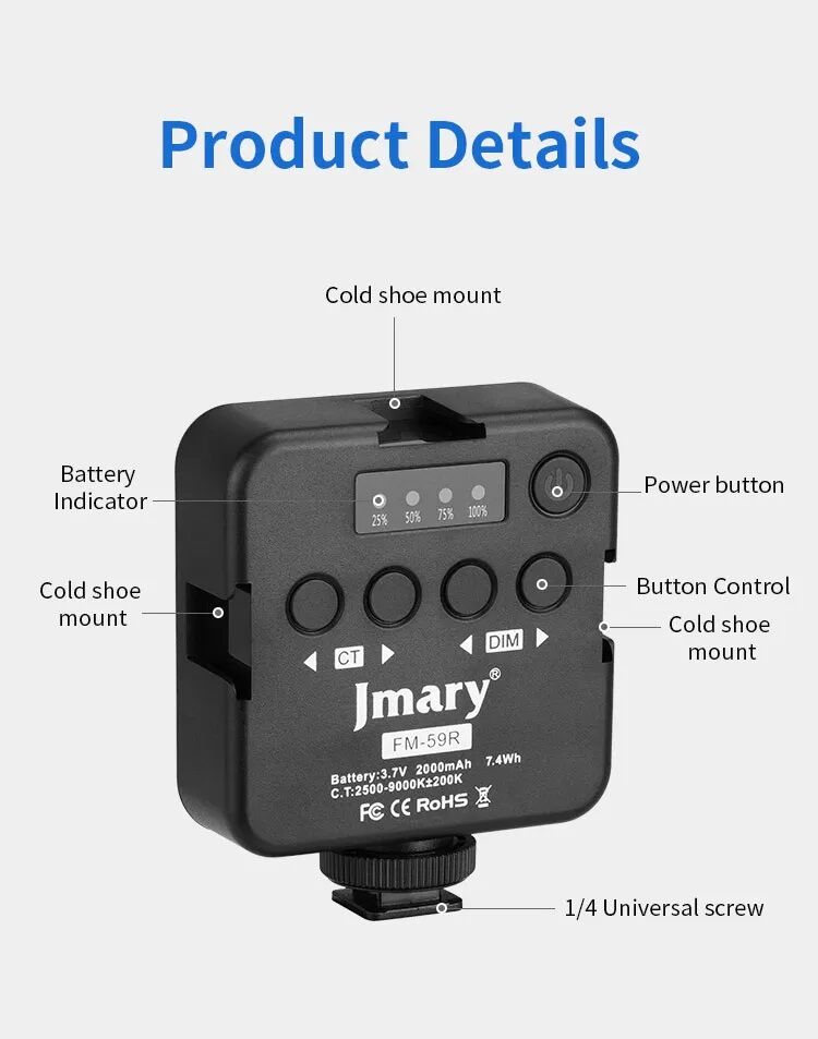 Picture of Jmary FM-59R Rechargeable Mini LED Light Video Recording Mini Fill Light with 3 Cold Shoe Mounts (Black)