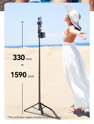 Picture of Ulanzi MT-70 2-in-1 Selfie Stick and Tripod – Perfect for Vlogging & Photos with Dual-position Holder, Extendable Handheld Selfie Stick with Cold Shoe Mount Portable Travel Vlog Tripod with Wireless Remote (Black)