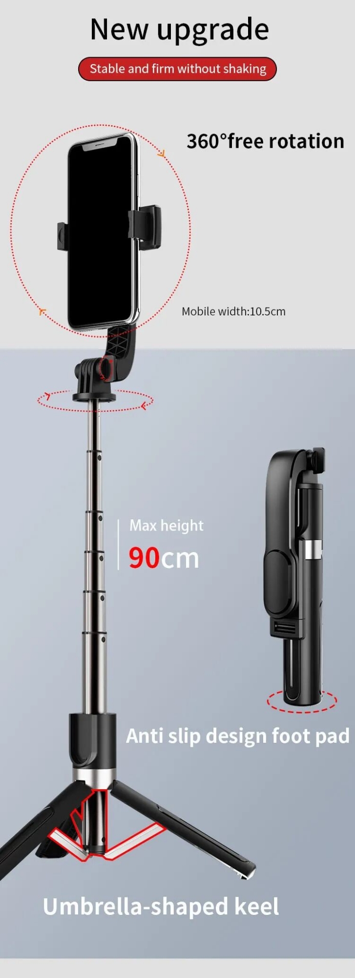 Picture of JMARY KT-219 6 Sections Extendable Selfie Stick Tripod Stand with Remote Control (Black)