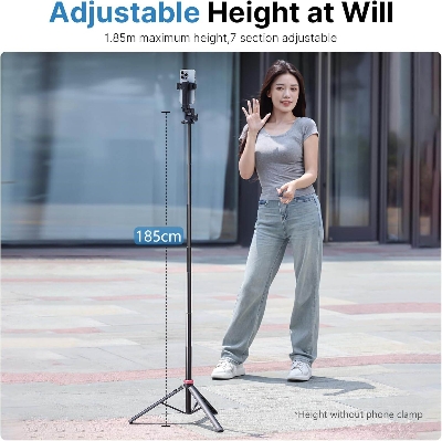 Picture of ULANZI MT-78 Extendable Phone Tripod, 72.83" Selfie Stick Phone Camera Tripod Stand with 2 in 1 Phone Clip, 360° Ball Head Camera Tripod with Cold Shoe for iPhone Sony Canon, Lightweight for Travel (Black)