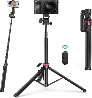 Picture of ULANZI MT-78 Extendable Phone Tripod, 72.83" Selfie Stick Phone Camera Tripod Stand with 2 in 1 Phone Clip, 360° Ball Head Camera Tripod with Cold Shoe for iPhone Sony Canon, Lightweight for Travel (Black)