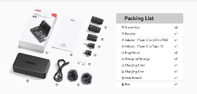 Picture of Ulanzi A100 Dual Wireless Microphone Lavalier MIC for iPhone 15 Pro Pro Max Camera Sound Recording Real-time Monitoring (Black)