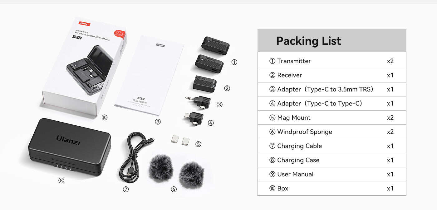 Picture of Ulanzi A100 Dual Wireless Microphone Lavalier MIC for iPhone 15 Pro Pro Max Camera Sound Recording Real-time Monitoring (Black)