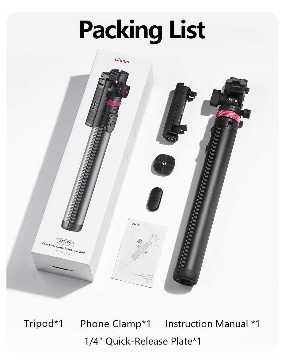 Picture of ULANZI MT-78 Extendable Phone Tripod, 72.83" Selfie Stick Phone Camera Tripod Stand with 2 in 1 Phone Clip, 360° Ball Head Camera Tripod with Cold Shoe for iPhone Sony Canon, Lightweight for Travel (Black)