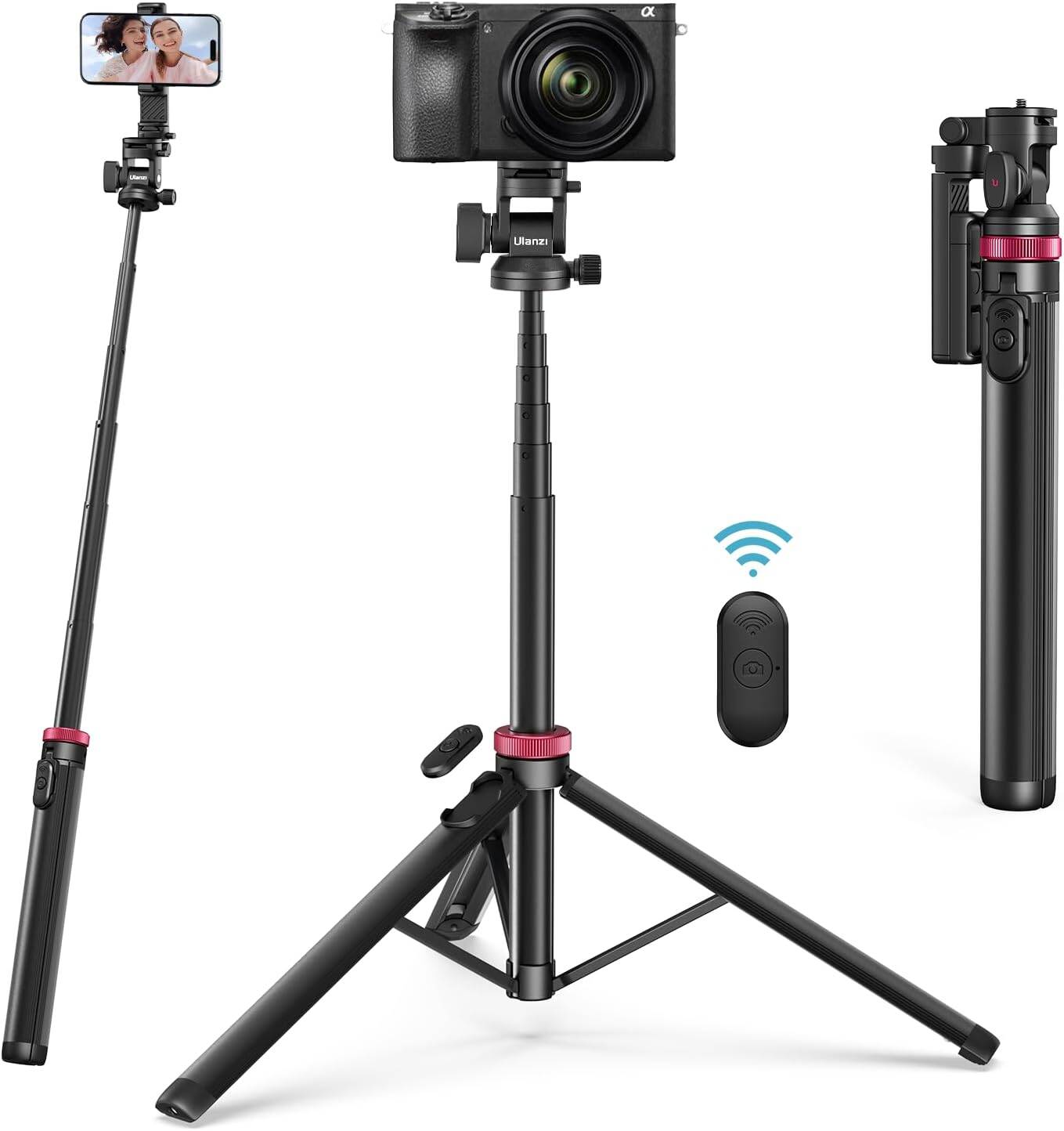 Picture of ULANZI MT-78 Extendable Phone Tripod, 72.83" Selfie Stick Phone Camera Tripod Stand with 2 in 1 Phone Clip, 360° Ball Head Camera Tripod with Cold Shoe for iPhone Sony Canon, Lightweight for Travel (Black)