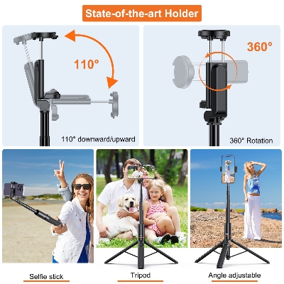 Picture of VRIG TP-20 Extendable Selfie Stick Tripod for Phone Max. Length 59.5cm / 23.4 inch with Remote Shutter Phone Tripod for Insta Vlog Selfie Live Streaming Group Photo Video (Black)