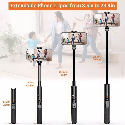 Picture of VRIG TP-19 Extendable Selfie Stick Tripod for Phone Maximum Length 59.5cm / 23.4 in with Remote Shutter Phone Tripod Hidden Mount (Black)