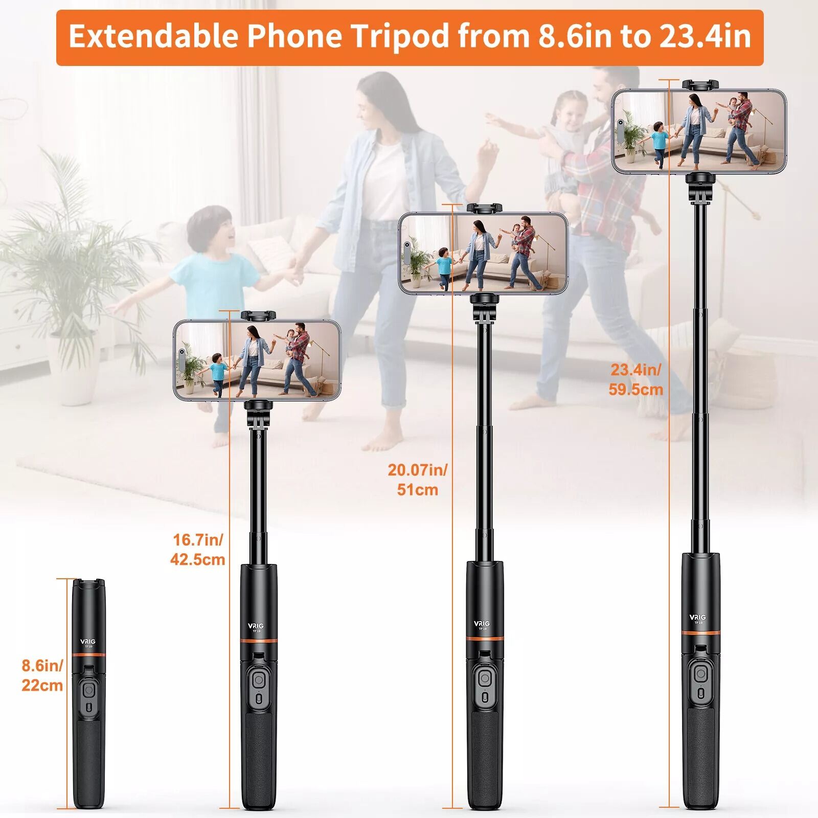 Picture of VRIG TP-19 Extendable Selfie Stick Tripod for Phone Maximum Length 59.5cm with Remote Shutter Phone Tripod Hidden Mount (Black)