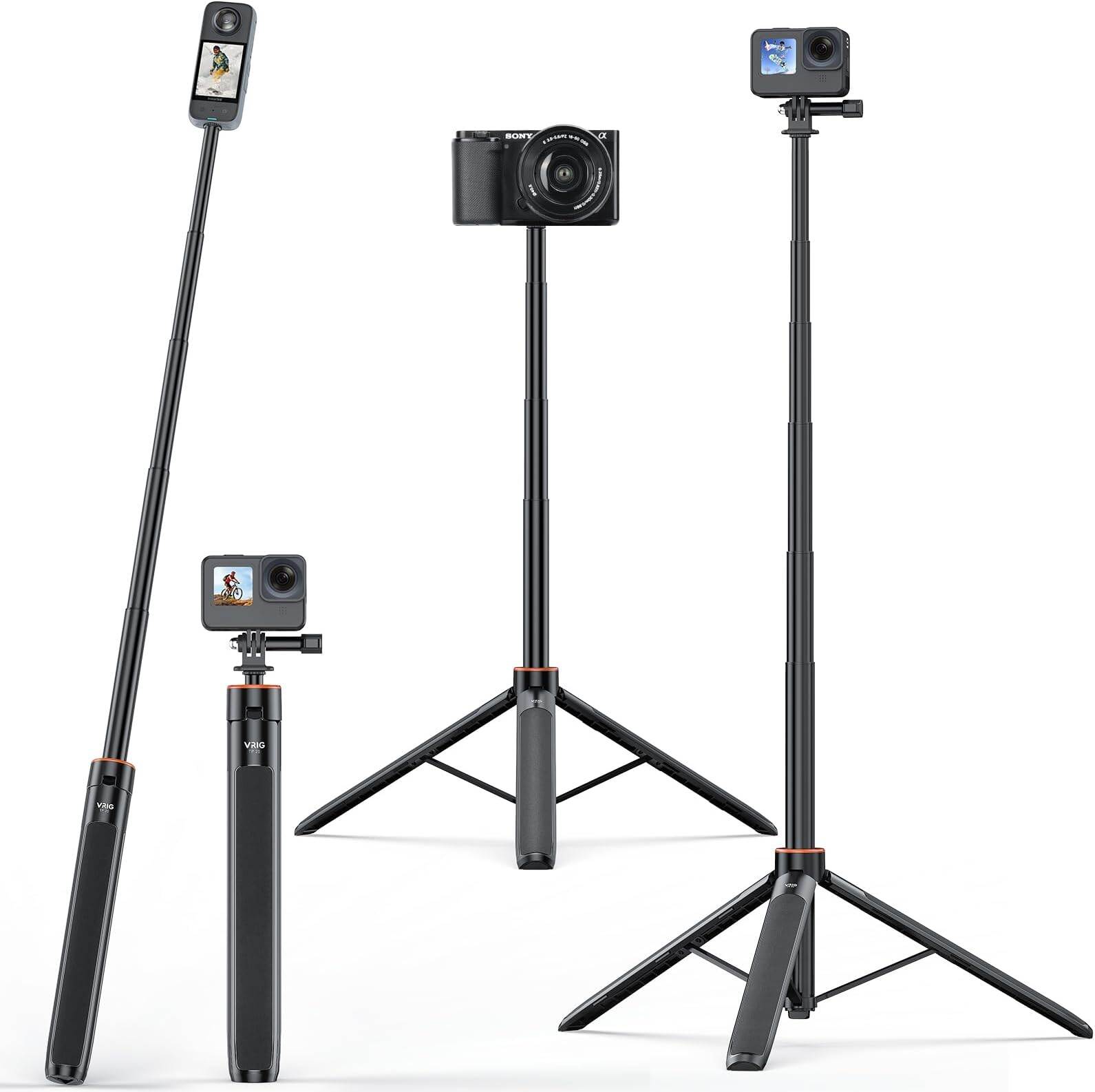 Picture of VRIG TP21 Extendable Selfie Stick Tripod for GoPro Max Hero 10 9 8 7 6 5 4, DJI Osmo Action, Insta 360 One R and More Action Camera（55.1''） (Black)