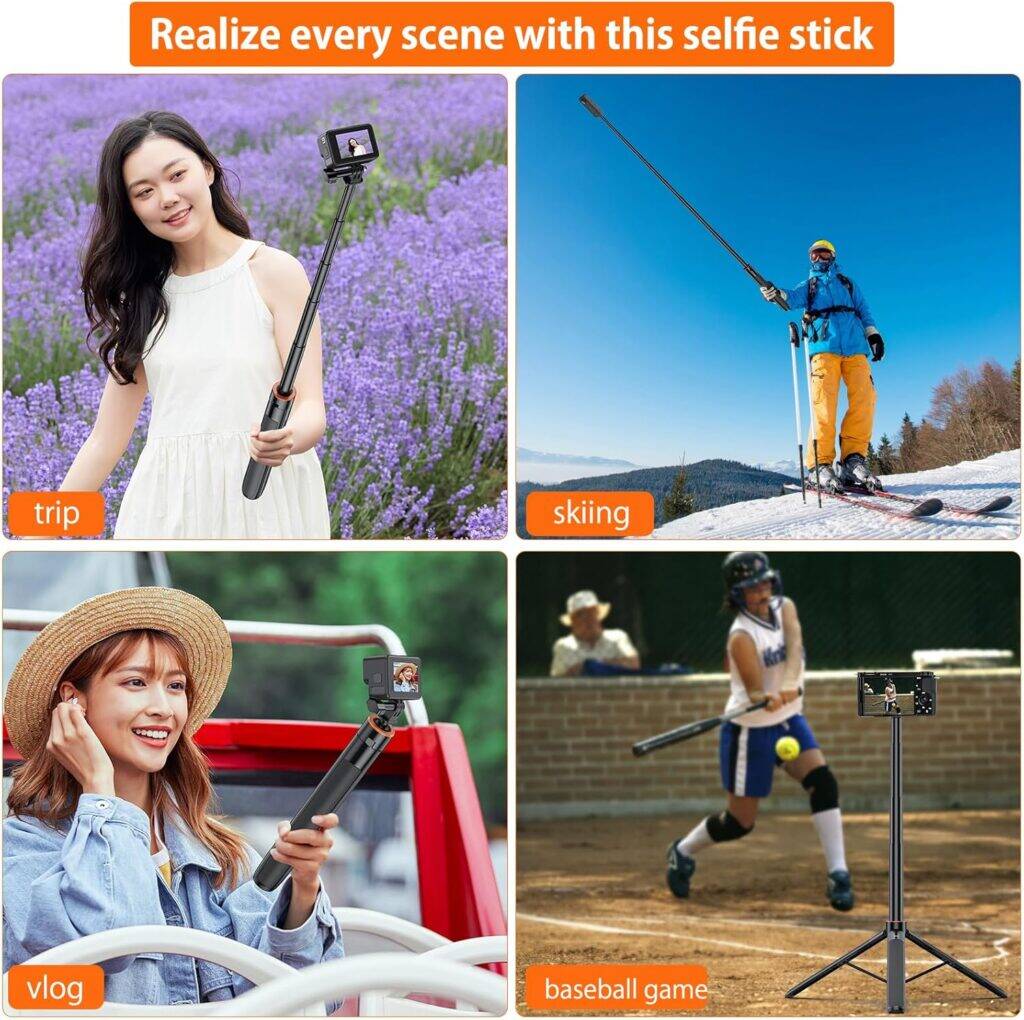 Picture of VRIG TP21 Extendable Selfie Stick Tripod for GoPro Max Hero 10 9 8 7 6 5 4, DJI Osmo Action, Insta 360 One R and More Action Camera（55.1''） (Black)