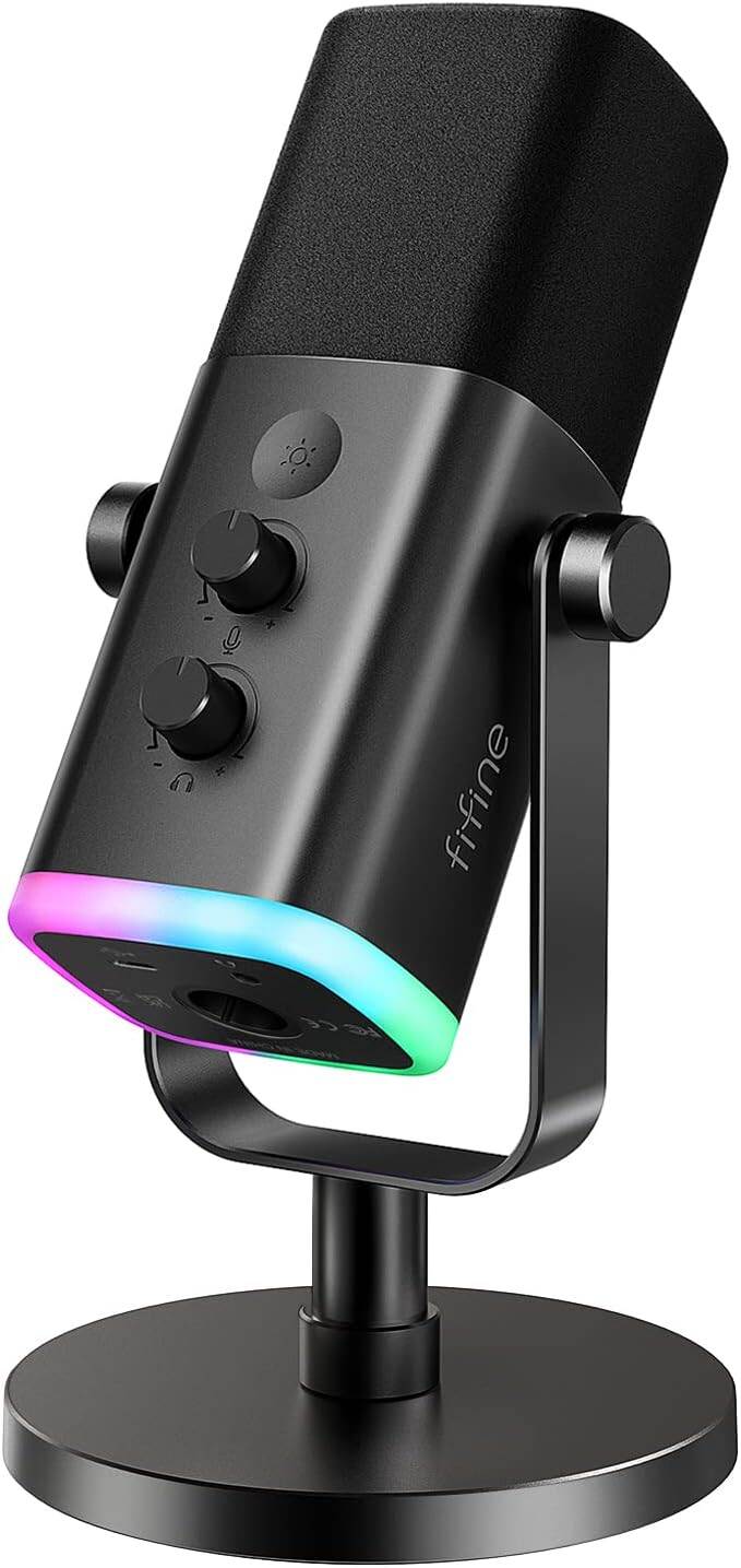 Picture of FIFINE AM8 USB/XLR Dynamic Microphone for Podcast Recording, PC Computer Gaming Streaming Mic with RGB Light, Mute Button, Headphones Jack, Desktop Stand, Vocal Mic for Singing YouTube-AmpliGame (Black)
