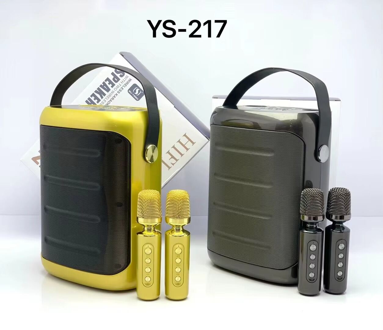 Picture of YS-217 Double Wireless Microphone Karaoke Speakers 100W Peak High-power Bluetooth Speaker Outdoor Event Party K-Song Speaker box. (Yellow/Black) (Multicolor)