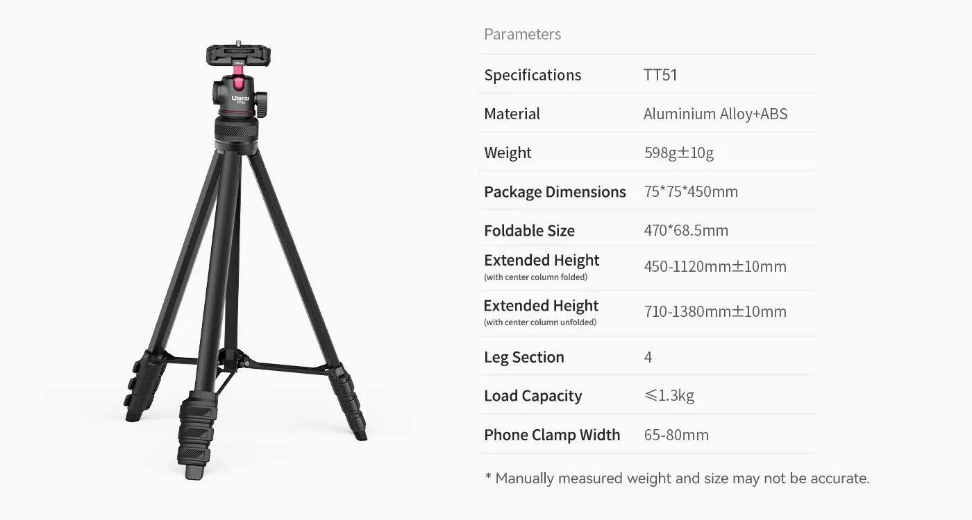 Picture of Ulanzi TT51 Aluminium Alloy Portable Tripod for iPhone and Camera Foldable 5 sections Adjustable 1.38m 54.3 inch Stand For Cellphone Bracket (Black)