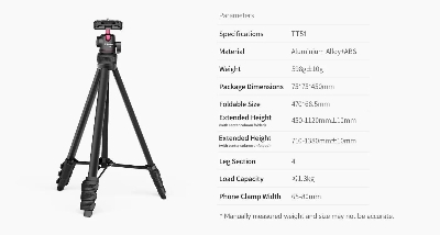 Picture of Ulanzi TT51 Aluminium Alloy Portable Tripod for iPhone and Camera Foldable 5 sections Adjustable 1.38m 54.3 inch Stand For Cellphone Bracket (Black)
