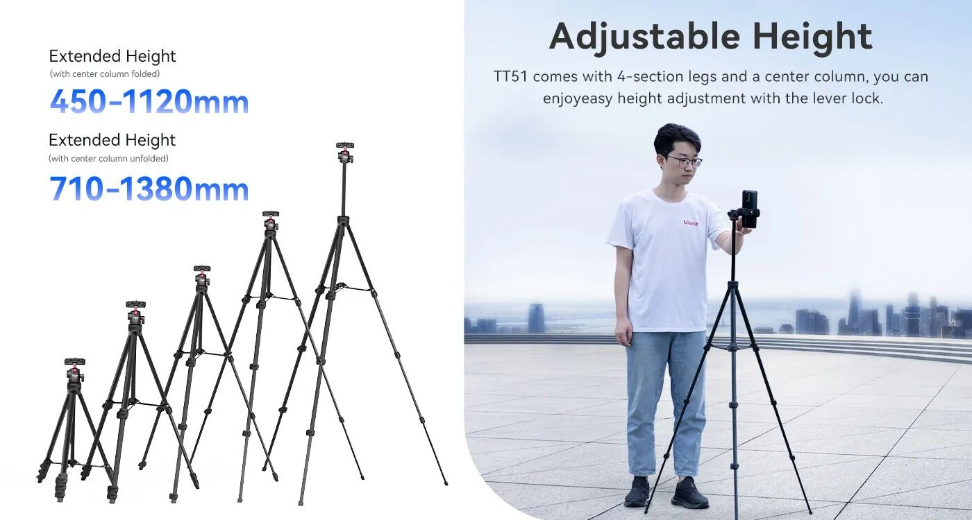 Picture of Ulanzi TT51 Aluminium Alloy Portable Tripod for iPhone and Camera Foldable 5 sections Adjustable 1.38m 54.3 inch Stand For Cellphone Bracket (Black)