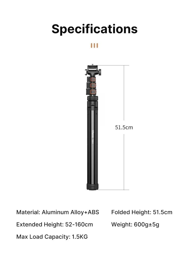 Picture of Ulanzi TB64 1.6M Metal Selfie Stick Tripod Stand /Kit for iPhone Android Extendable Camera Tripod with 1/4" Screw Cold Shoe Live (Black)