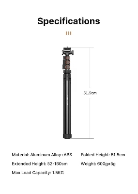 Picture of Ulanzi TB64 1.6M Metal Selfie Stick Tripod Stand /Kit for iPhone Android Extendable Camera Tripod with 1/4" Screw Cold Shoe Live (Black)