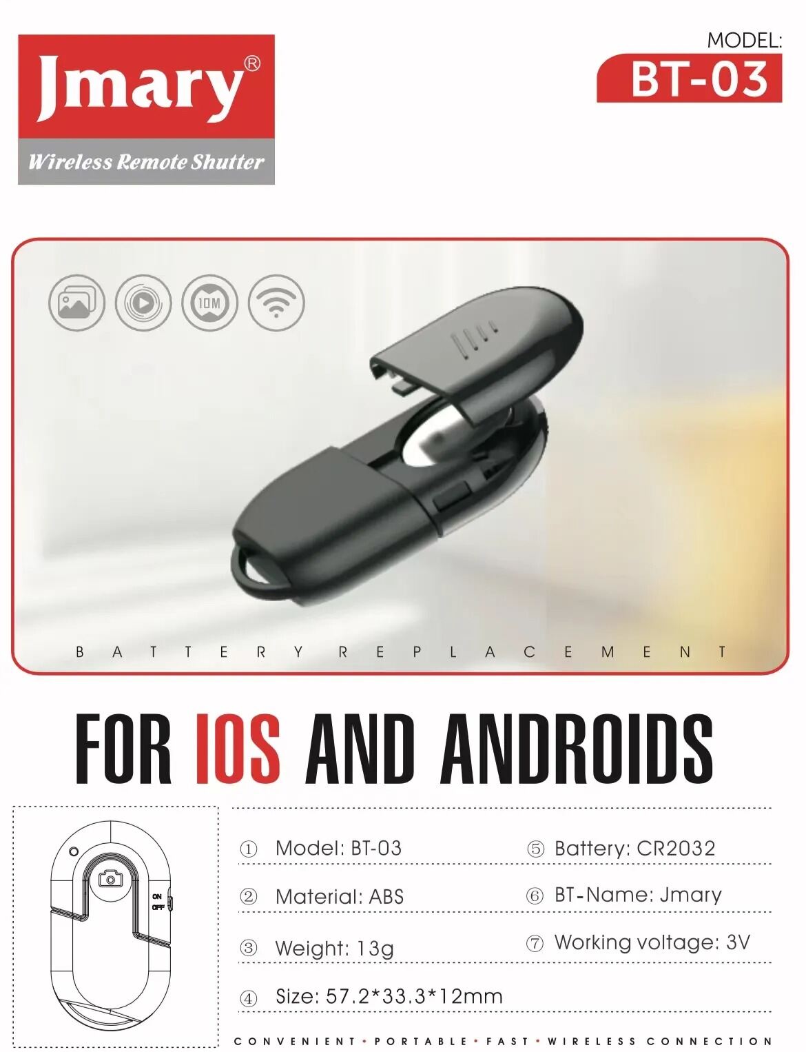 Picture of Jmary BT-03 Wireless Selfie Remote Control Phone Camera BT Shutter Button for Smartphone Photos Videos 
